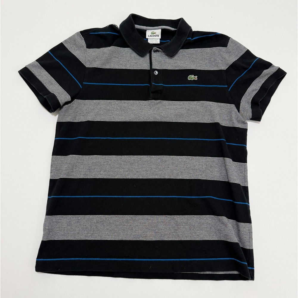 Lacoste Mens Size 5 Black Grey Blue Striped Pique Polo Shirt Short Sleeve 5321L